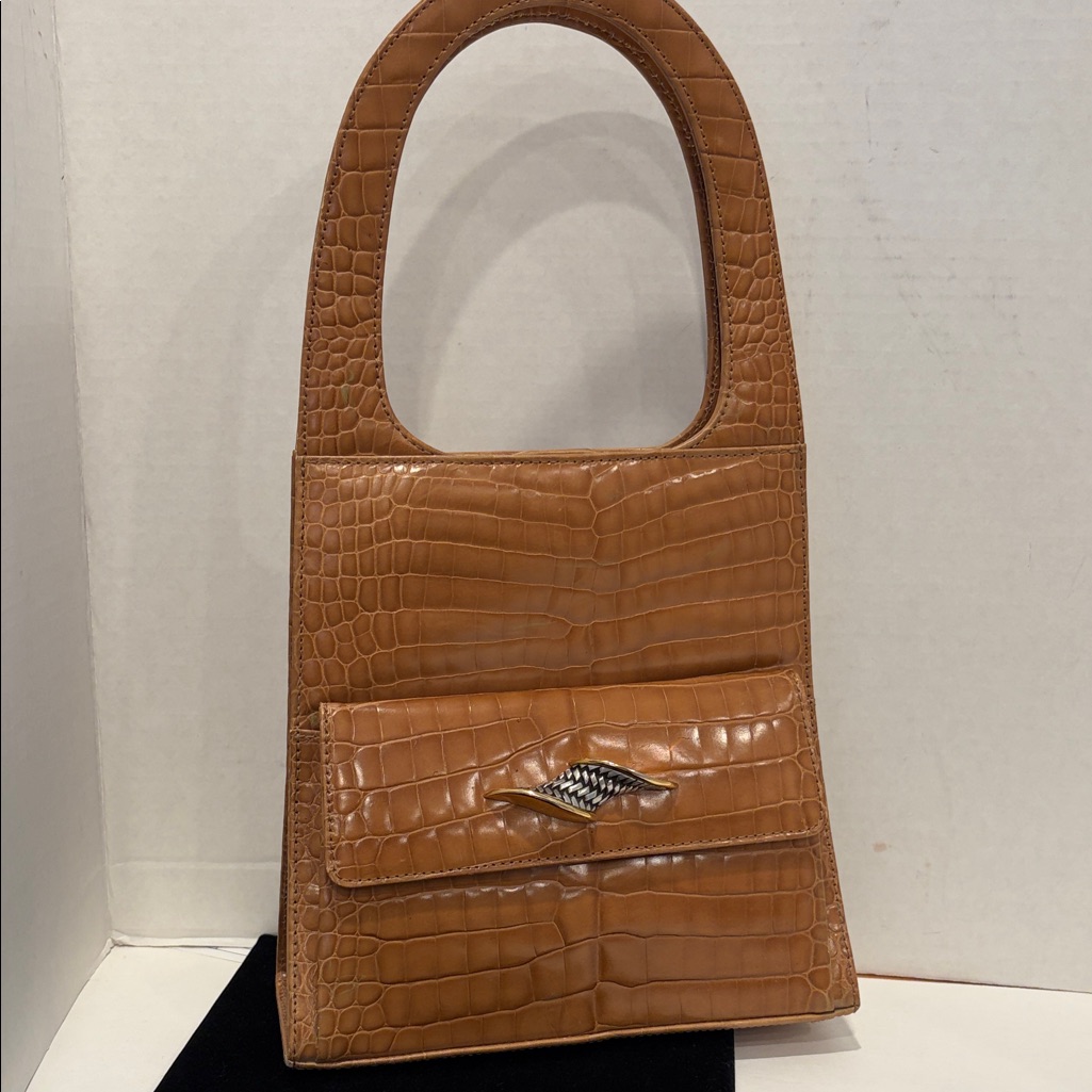 Vincenza Fauxtan Crocembossed Leather Top Handle Bag Silver Stamping New Vintage